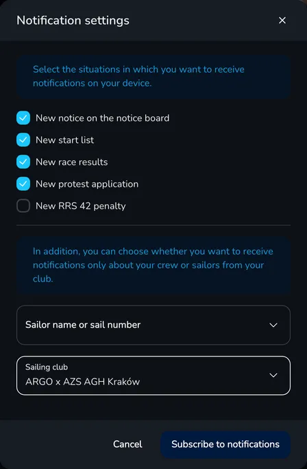 The Notification settings window with selected events, the Sailor name or sail number and Sailing club filter fields and the Subscribe to notifications button
