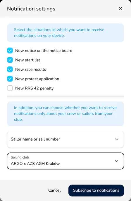 The Notification settings window with selected events, the Sailor name or sail number and Sailing club filter fields and the Subscribe to notifications button