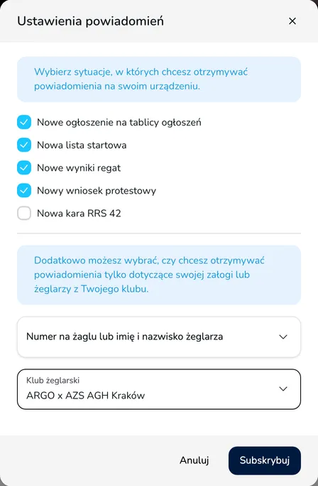 Okno Ustawienia powiadomień z zaznaczonymi zdarzeniami, polami filtrów Numer na żaglu lub imię i nazwisko żeglarza oraz Klub żeglarski i przyciskiem Subskrybuj