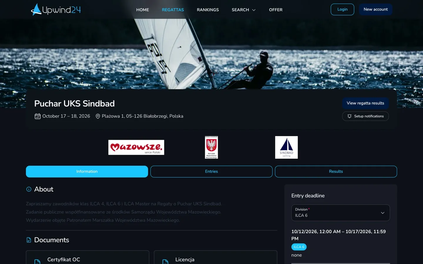 A regatta page in Upwind24 with the regatta header and the Information, Entries and Results tabs