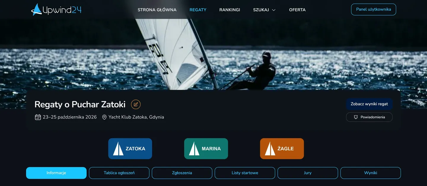 Nagłówek strony regat ze zdjęciem w tle, nazwą regat, datami, miejscem i logotypami trzech partnerów nad zakładkami strony