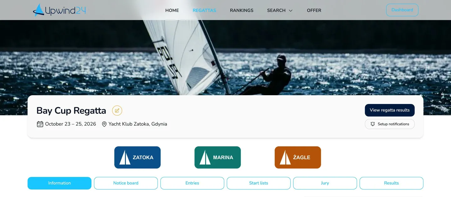 Regatta page header with a background photo, the regatta name, dates, venue and three partner logos above the page tabs