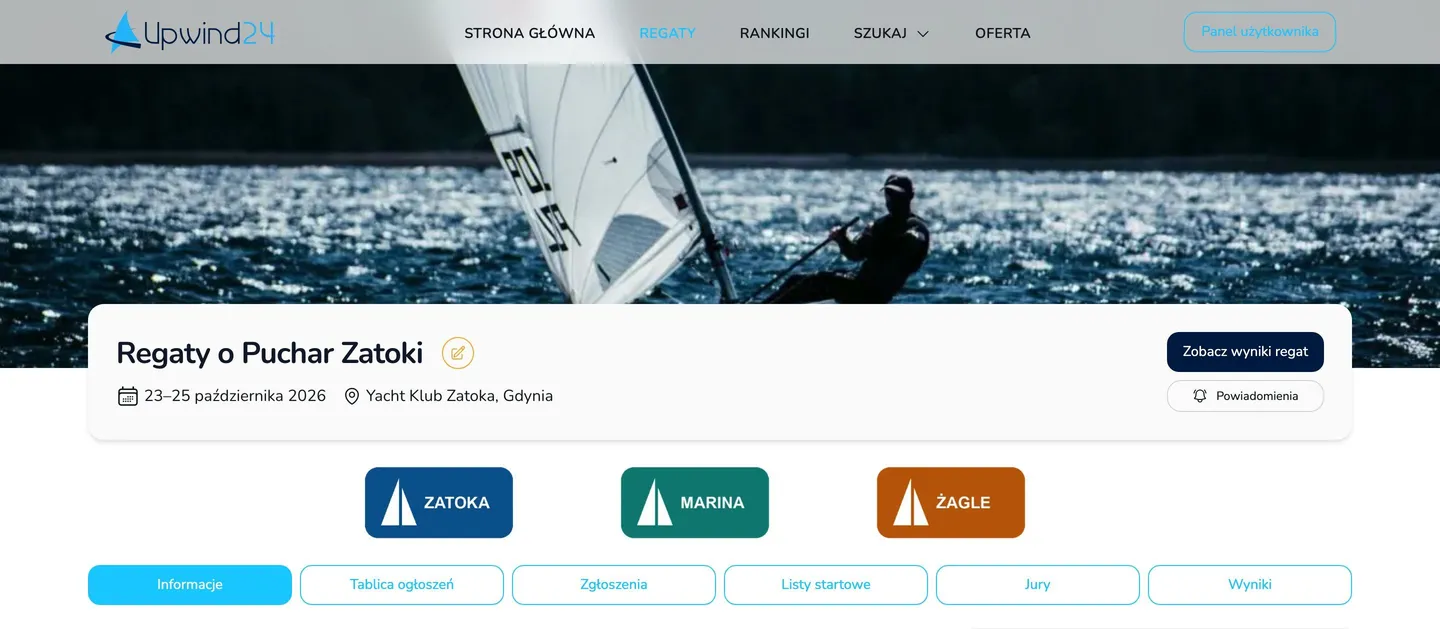 Nagłówek strony regat ze zdjęciem w tle, nazwą regat, datami, miejscem i logotypami trzech partnerów nad zakładkami strony