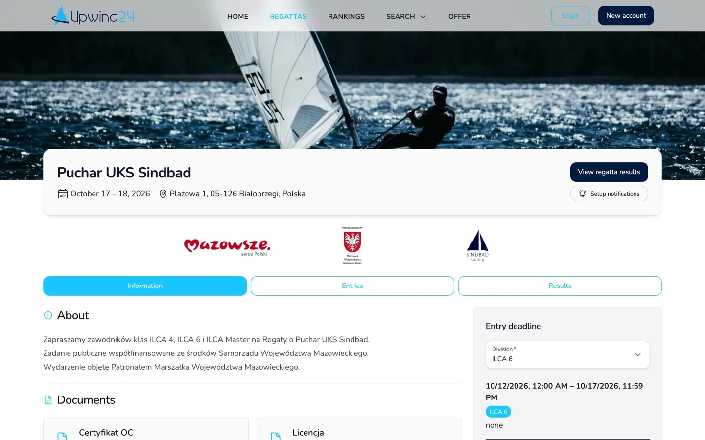 A regatta page in Upwind24 with the regatta header and the Information, Entries and Results tabs