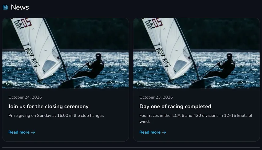 News section on the regatta page with two news tiles: photo, date, title, intro and the Read more link