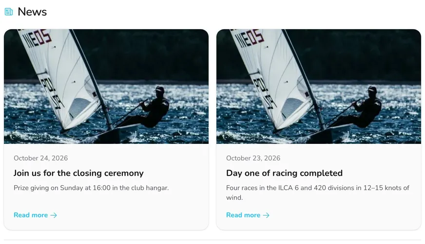 News section on the regatta page with two news tiles: photo, date, title, intro and the Read more link