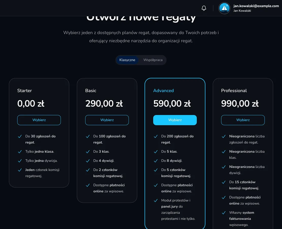 Strona Utwórz nowe regaty z pakietami Starter, Basic, Advanced i Professional w zakładce Klasyczne