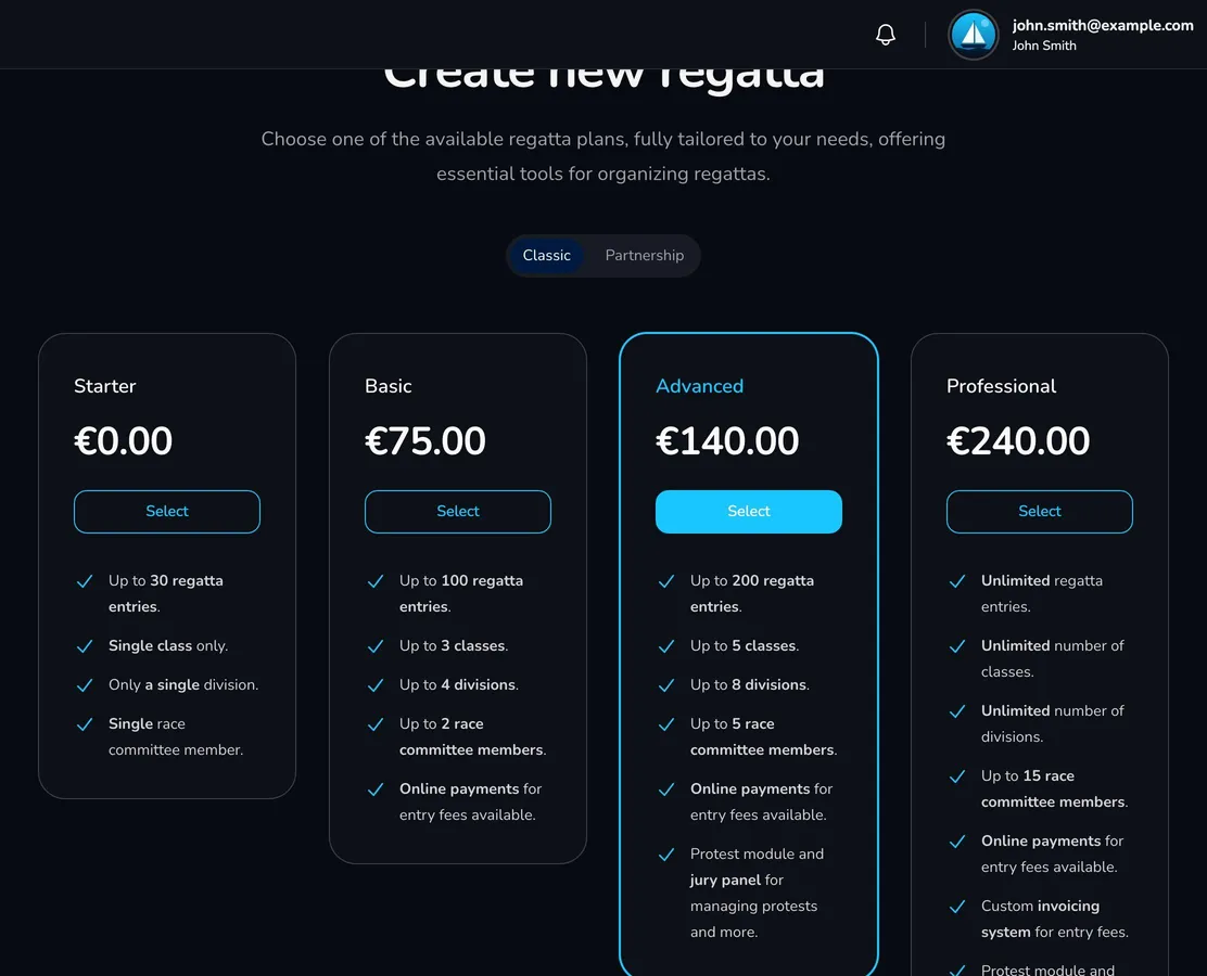Create new regatta page with the Starter, Basic, Advanced and Professional plans on the Classic tab