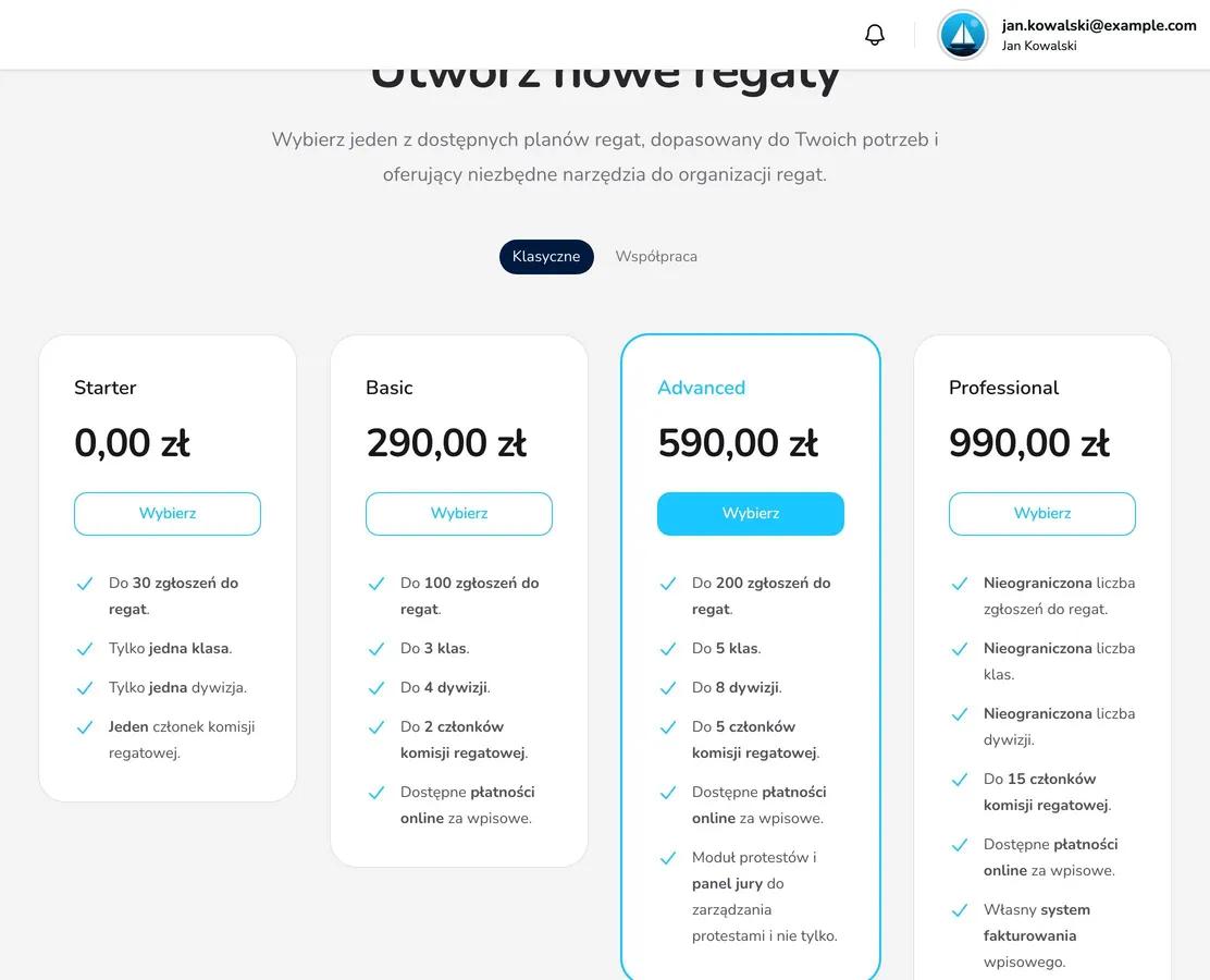 Strona Utwórz nowe regaty z pakietami Starter, Basic, Advanced i Professional w zakładce Klasyczne