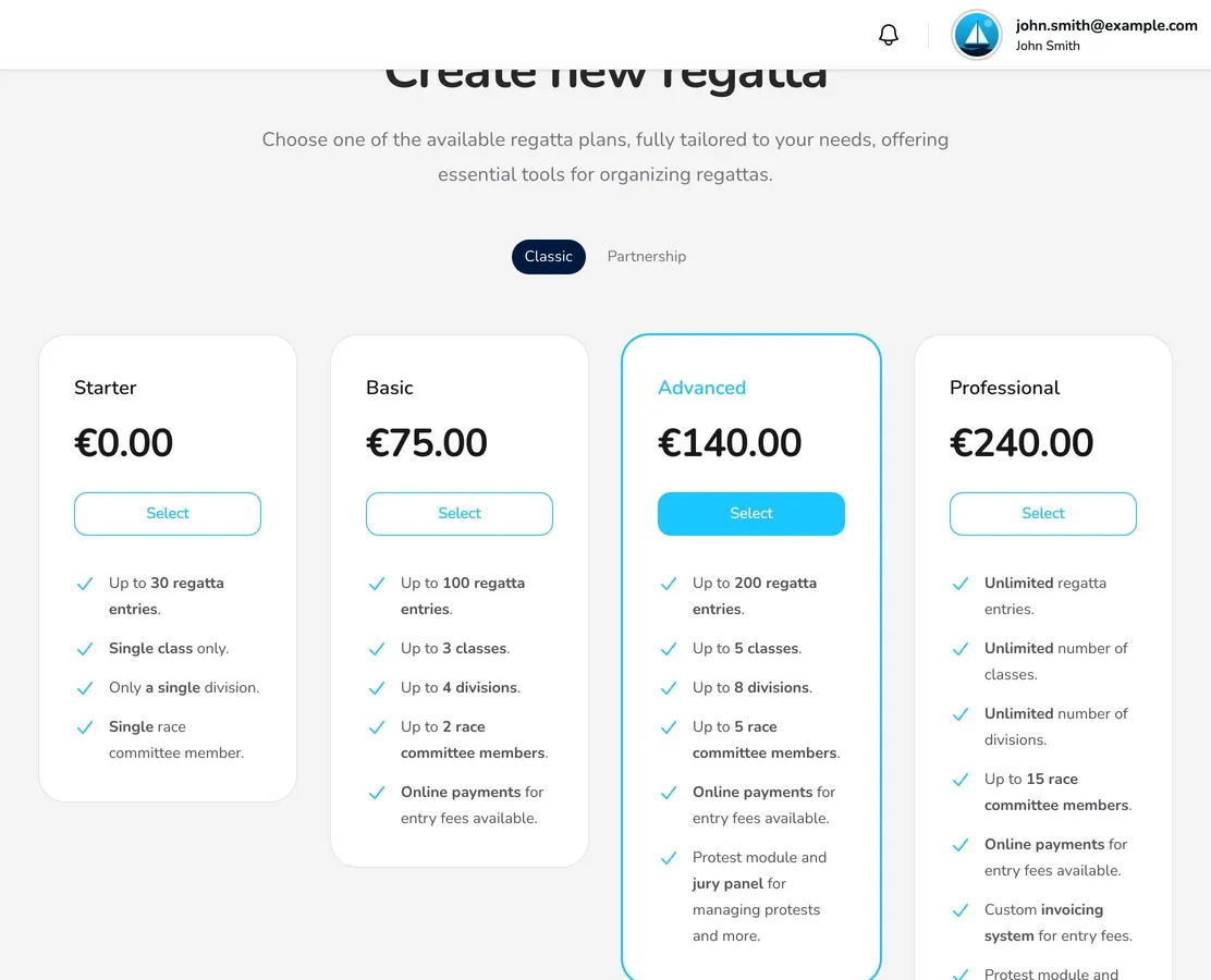 Create new regatta page with the Starter, Basic, Advanced and Professional plans on the Classic tab