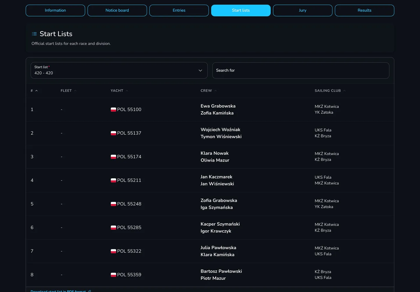 Start lists tab on the regatta page with the start list of the 420 division