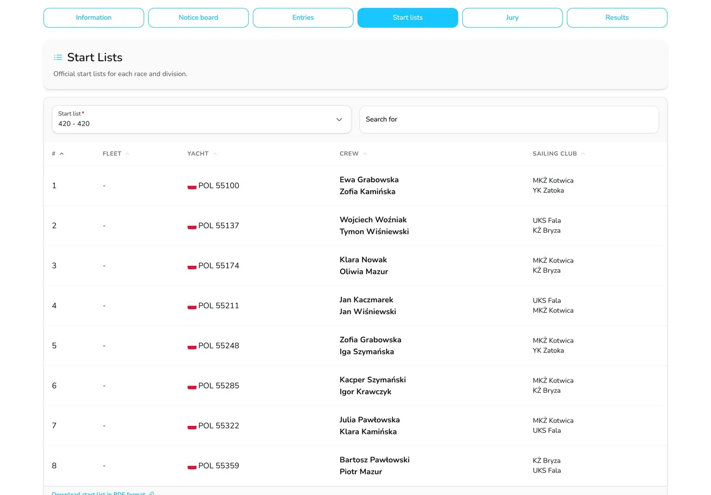 Start lists tab on the regatta page with the start list of the 420 division