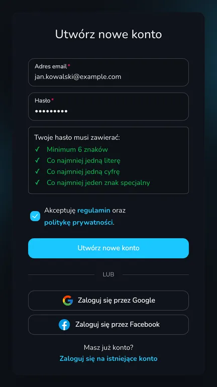 Formularz Utwórz nowe konto z polami Adres email i Hasło, listą wymagań hasła i przyciskiem Utwórz nowe konto