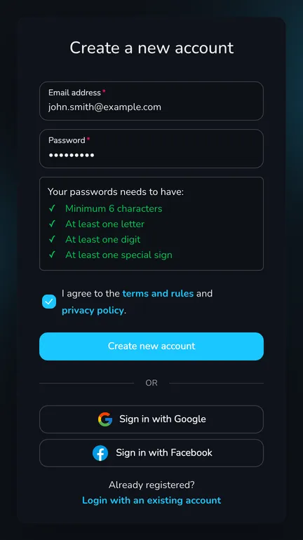 The Create a new account form with the Email address and Password fields, the password requirements and the Create new account button