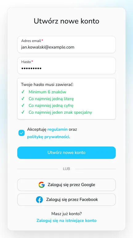 Formularz Utwórz nowe konto z polami Adres email i Hasło, listą wymagań hasła i przyciskiem Utwórz nowe konto