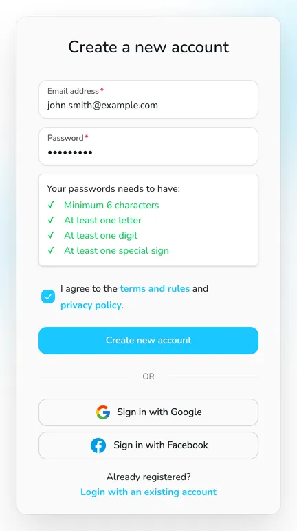 The Create a new account form with the Email address and Password fields, the password requirements and the Create new account button
