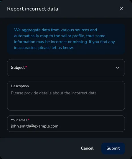 The Report incorrect data window with the Subject, Description and Your email fields