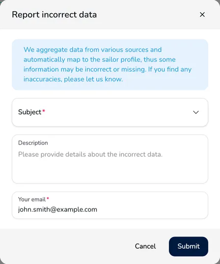 The Report incorrect data window with the Subject, Description and Your email fields