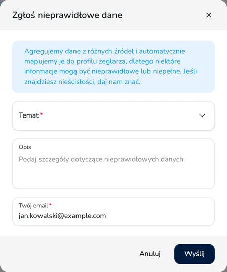 Okno Zgłoś nieprawidłowe dane z polami Temat, Opis i Twój email