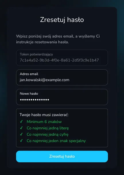 Formularz ustawiania nowego hasła z polami Token potwierdzający, Adres email i Nowe hasło oraz przyciskiem Zresetuj hasło
