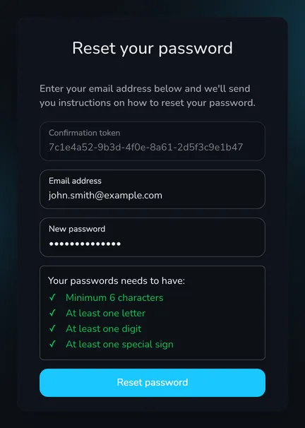 The new password form with the Confirmation token, Email address and New password fields and the Reset password button
