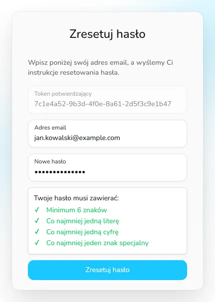 Formularz ustawiania nowego hasła z polami Token potwierdzający, Adres email i Nowe hasło oraz przyciskiem Zresetuj hasło