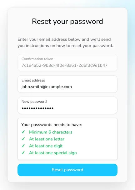 The new password form with the Confirmation token, Email address and New password fields and the Reset password button