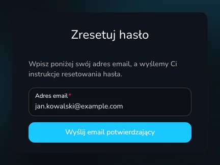 Formularz Zresetuj hasło z polem Adres email i przyciskiem Wyślij email potwierdzający