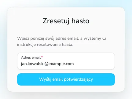 Formularz Zresetuj hasło z polem Adres email i przyciskiem Wyślij email potwierdzający