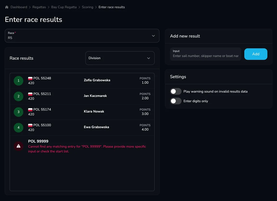 Enter race results screen with race R5 selected, the results list with places and points, an error for the unknown number POL 99999 and the Add new result and Settings cards