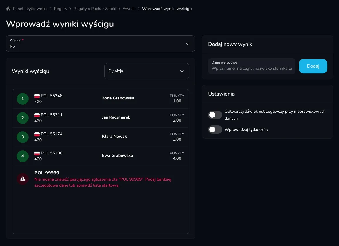 Ekran Wprowadź wyniki wyścigu z wyborem wyścigu R5, listą wyników z miejscami i punktami, błędem dla nieznanego numeru POL 99999 oraz kartami Dodaj nowy wynik i Ustawienia