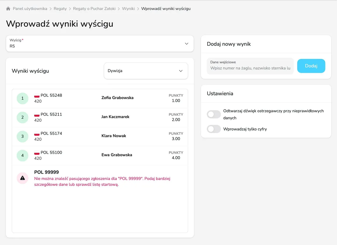 Ekran Wprowadź wyniki wyścigu z wyborem wyścigu R5, listą wyników z miejscami i punktami, błędem dla nieznanego numeru POL 99999 oraz kartami Dodaj nowy wynik i Ustawienia