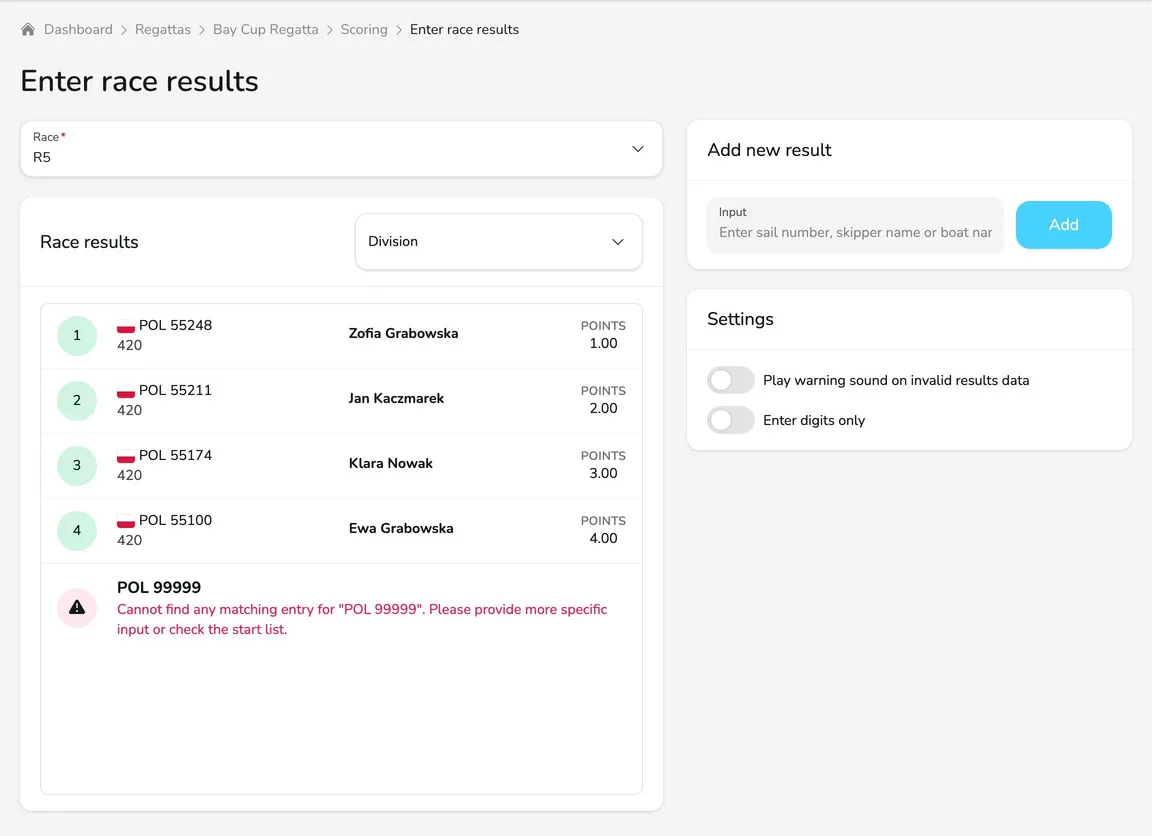 Enter race results screen with race R5 selected, the results list with places and points, an error for the unknown number POL 99999 and the Add new result and Settings cards