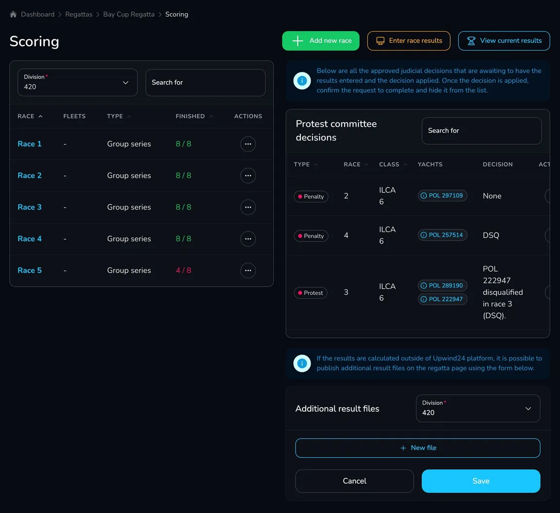 Scoring tab with the Add new race, Enter race results and View current results buttons, the races table of the 420 division, the protest committee decisions table and additional result files