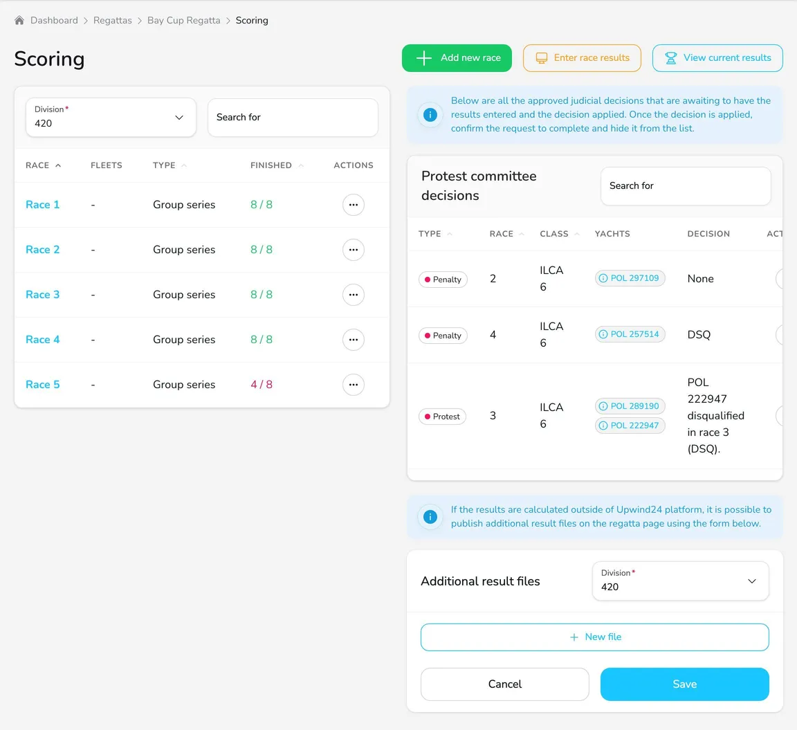 Scoring tab with the Add new race, Enter race results and View current results buttons, the races table of the 420 division, the protest committee decisions table and additional result files