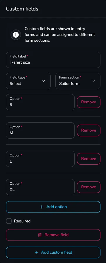 Custom fields section with a T-shirt size field of the Select type in the sailor form and the S, M, L, XL options