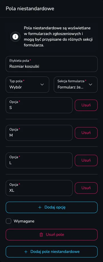 Sekcja Pola niestandardowe z polem Rozmiar koszulki typu Wybór w formularzu żeglarza i opcjami S, M, L, XL