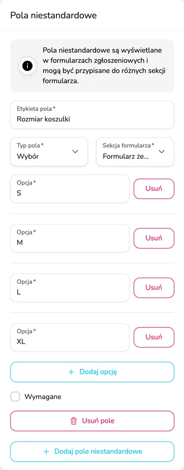 Sekcja Pola niestandardowe z polem Rozmiar koszulki typu Wybór w formularzu żeglarza i opcjami S, M, L, XL