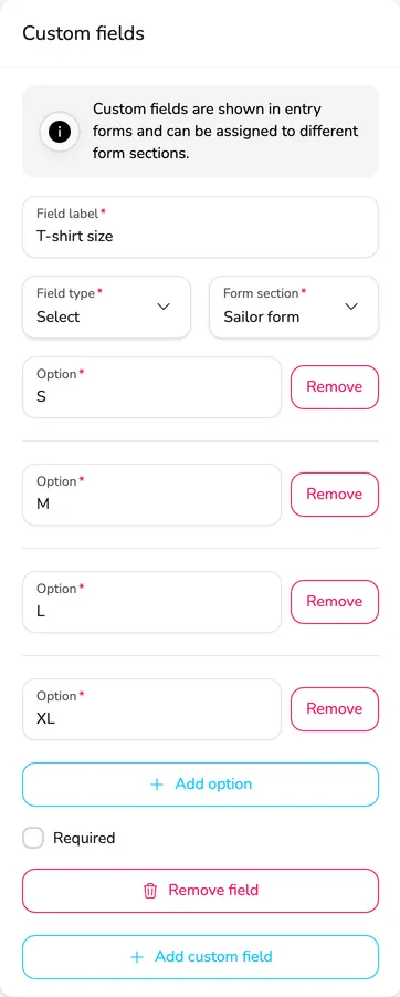 Custom fields section with a T-shirt size field of the Select type in the sailor form and the S, M, L, XL options