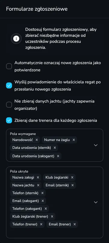 Sekcja Formularze zgłoszeniowe z opcjami automatycznego potwierdzania, powiadomień, jachtów organizatora, danych trenera oraz polami wymaganymi i ukrytymi