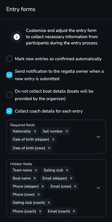 Entry forms section with the options for automatic confirmation, notifications, organizer-provided boats, coach details and the required and hidden fields