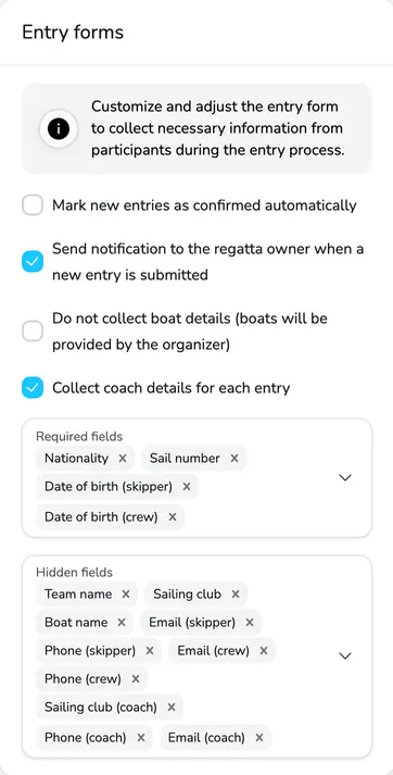 Entry forms section with the options for automatic confirmation, notifications, organizer-provided boats, coach details and the required and hidden fields