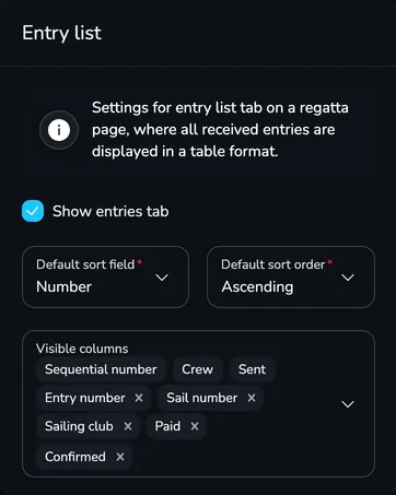 Entry list section with the Show entries tab field, sorting and visible columns