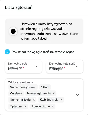 Sekcja Lista zgłoszeń z polem Pokaż zakładkę zgłoszeń na stronie regat, sortowaniem i widocznymi kolumnami