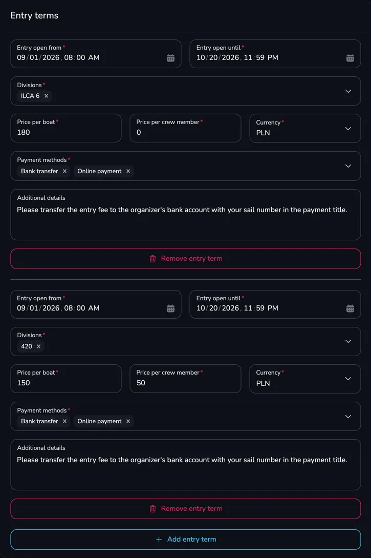Entry terms section with two terms for the ILCA 6 and 420 divisions, prices, currency, payment methods and additional details