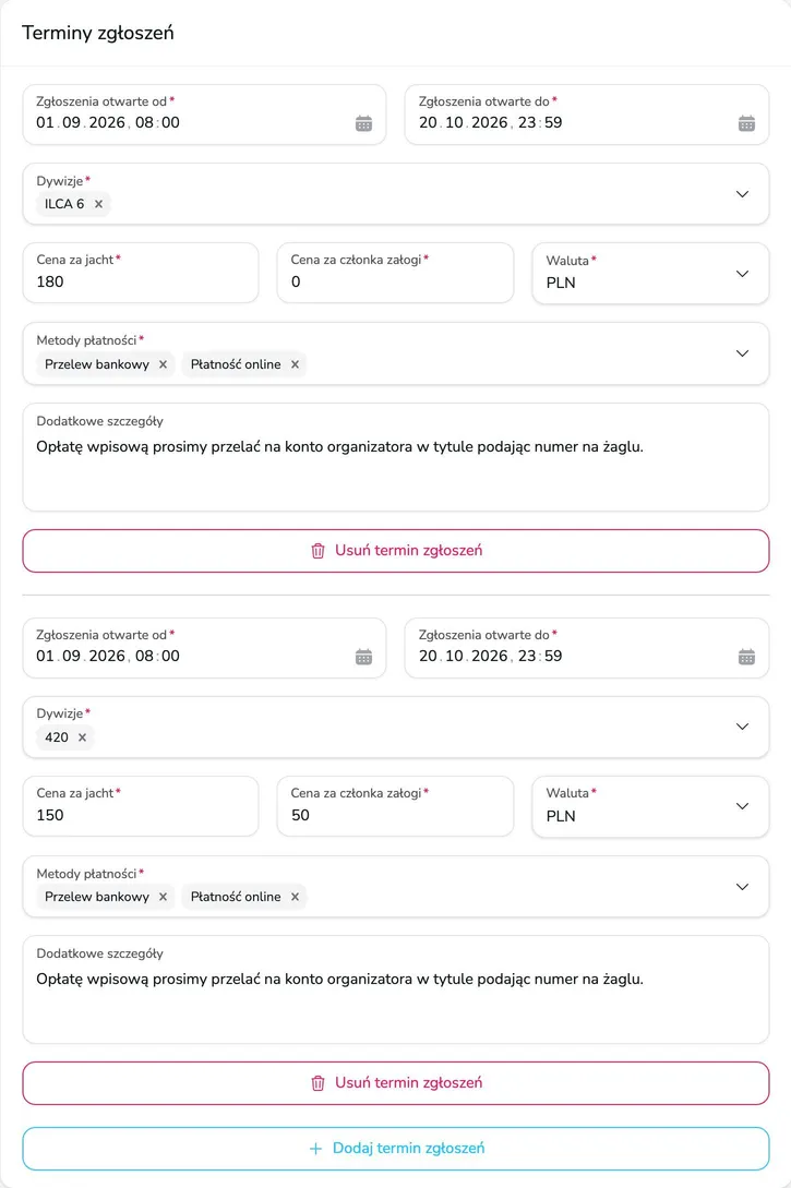 Sekcja Terminy zgłoszeń z dwoma terminami dla dywizji ILCA 6 i 420, cenami, walutą, metodami płatności i dodatkowymi szczegółami