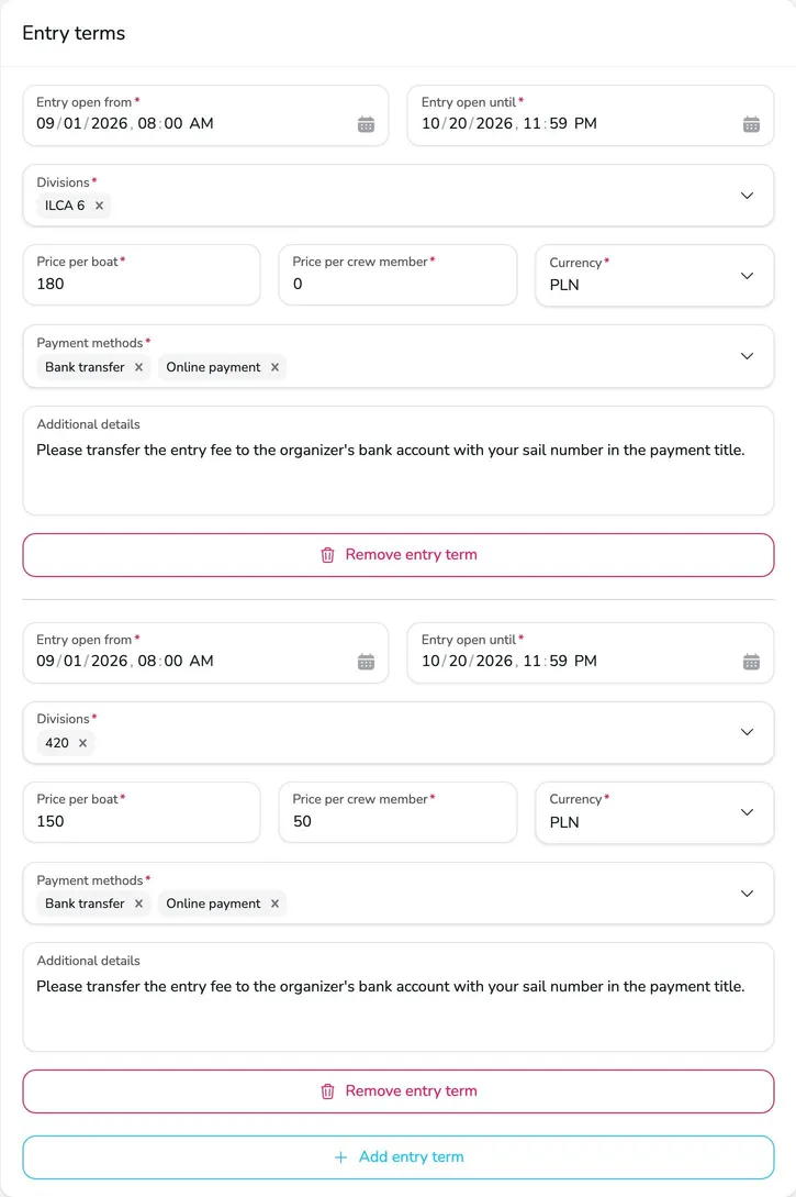 Entry terms section with two terms for the ILCA 6 and 420 divisions, prices, currency, payment methods and additional details