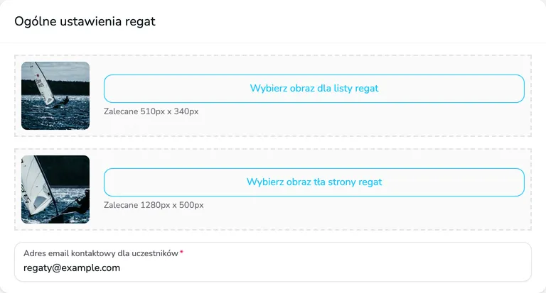 Karta Ogólne ustawienia regat z obrazem dla listy regat, obrazem tła strony regat i adresem email kontaktowym dla uczestników