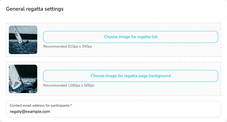 General regatta settings card with the image for the regatta list, the regatta page background image and the contact email address for participants