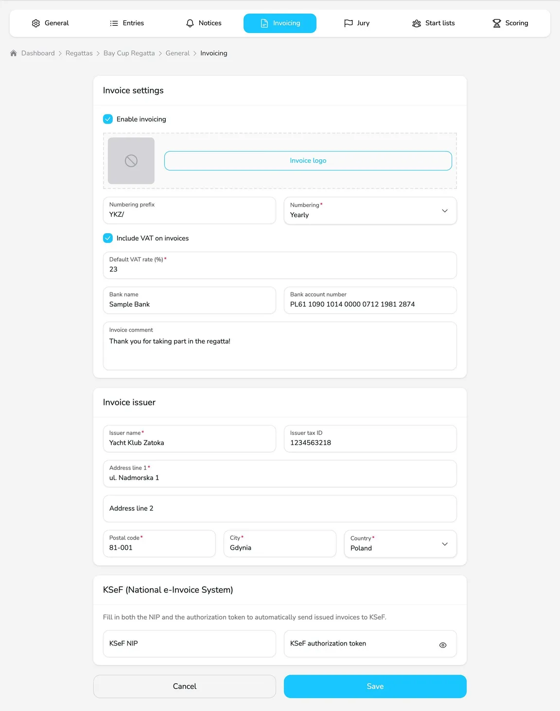 Invoicing card with the invoice settings, the invoice issuer details and the KSeF section